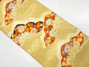 アンティーク　笠松に菊・古典柄模様織り出し袋帯（着用可）